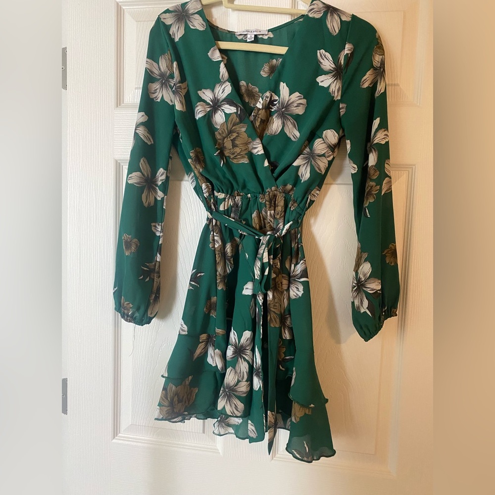 Purple Snow Green Floral Long Sleeve Flounce Dress
